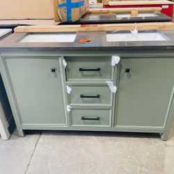 Legion Furniture 54 in. W x 22 in. D Vanity in Pewter Green with Marble Vanity Top in White with White Basin with Backsplash $749 (As is)