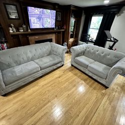 Gray Chesterfield Tufted Sofa And Loveseat