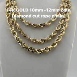 14K Gold diamond cut rope  chain. 10mm -12mm 24in re stock.