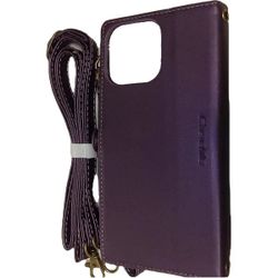 Purple Leather Wallet Case with Strap for iPhone 13 Pro Max