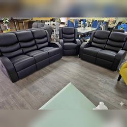 Black Faux Synthetic Leather 3-Piece Couch Living Room recliner Sofa Set