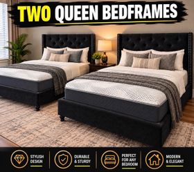 🌟Flash Sale! Free Delivery! Two New Queen size Bedframes Black Upholstered includes Mattresses