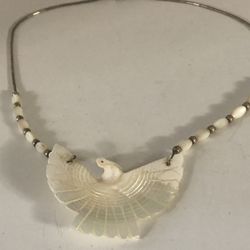 Mother Of Pearl Carved Eagle With 925 Silver Vintage Necklace 