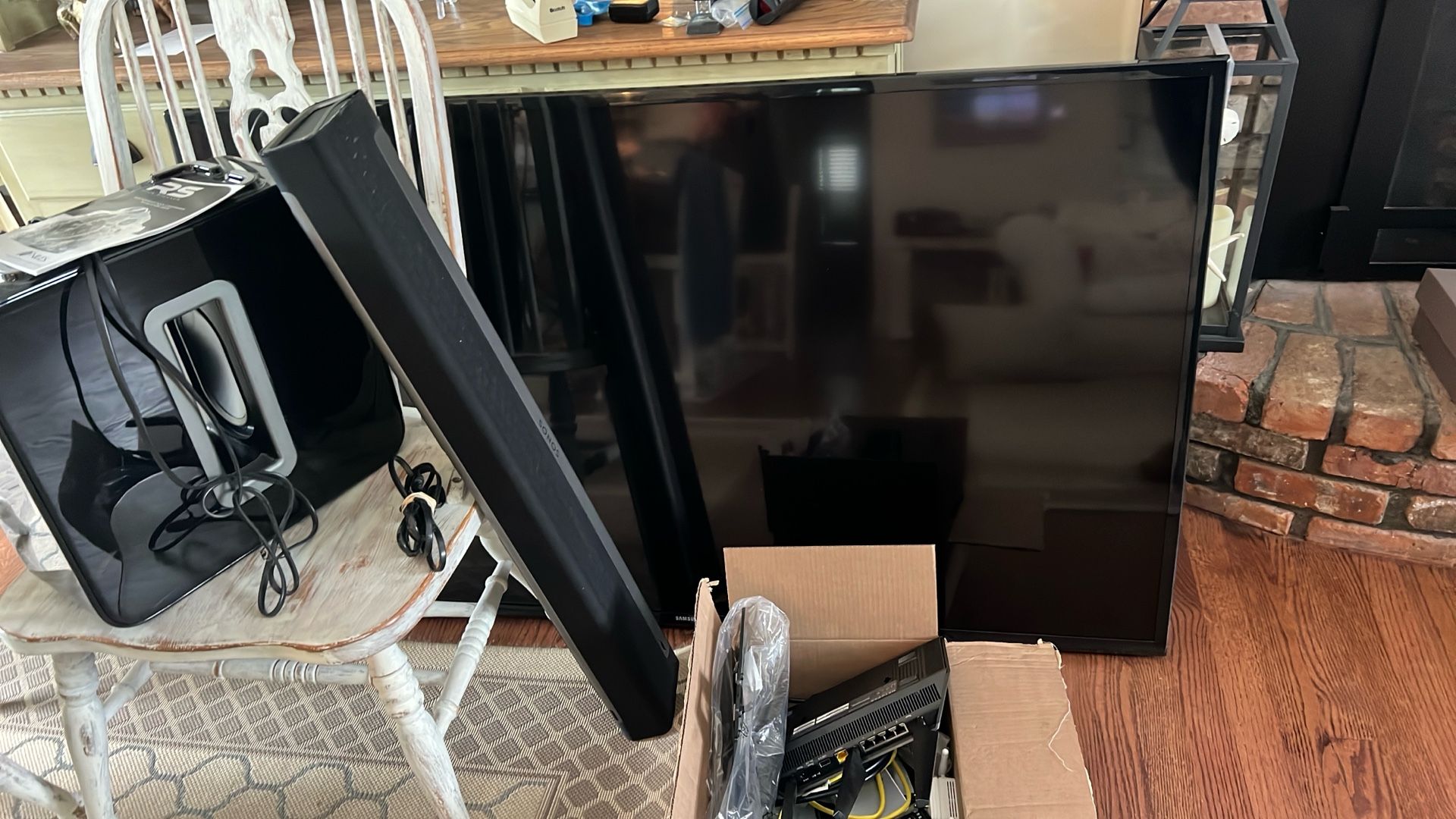 Samsung 62” Tv; Sonos Sound Bar, Woofer, Roku, Netgear
