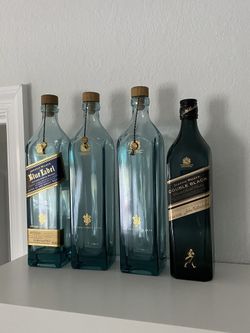 Blue label empty bottles