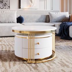NEW Modern 2 Pieces White Round Nesting Coffee Table With Drawers In 27.6'' Gold White Drawers Coffee