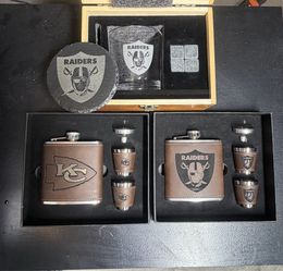Custom laser engraved flask set and rocks glass boxes
