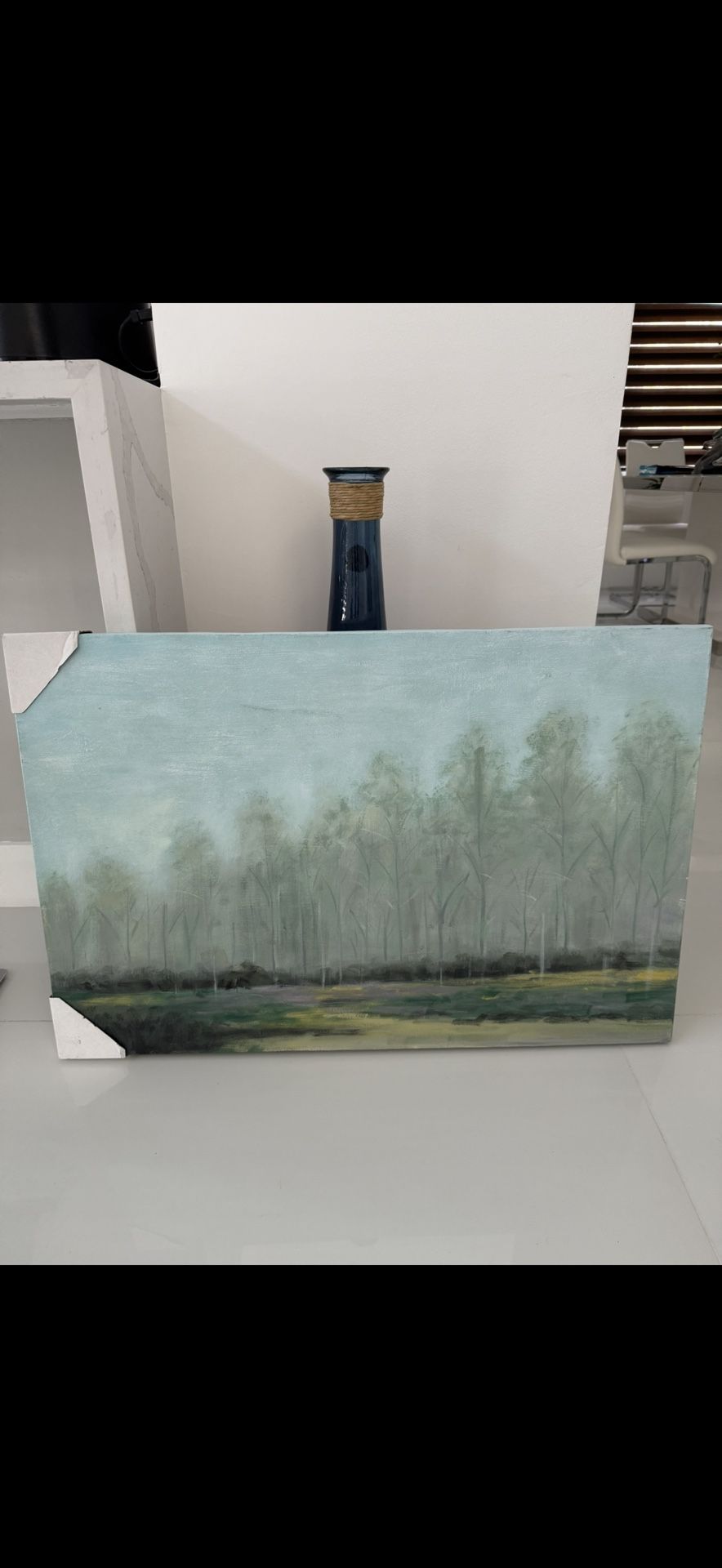 NEW!!! BLUE AND GREEN CANVAS WALL ART PAINTED BY HAND. Dimensions: 35.38w x 23.62h x 1.50l, was $150 from City.