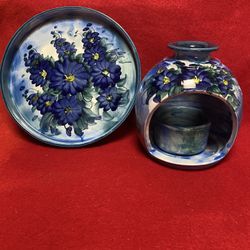 5.5 Inch Handmade Hand Painted Blue Ceramic Greek Candle Holder & 7 Inch HM HP Blue Ceramic Greek Plate Imported From Greece