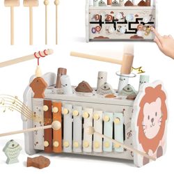 Wooden Montessori Toys for 1 Year Old Boy 4 in 1 Toddler Learning Toys with Numb