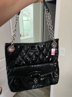 Authentic COACH Black Patent Leather Quilted Tote Bag 32cm Top Handle Office Sty