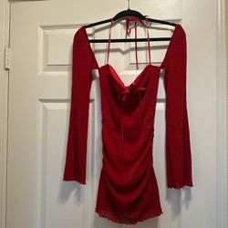 Cider XS Red Glitter sheer Off the Shoulder Mini Dress 