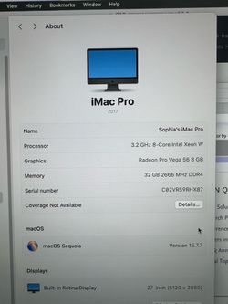 Mint iMac Pro 27in 32G RAM 8-core Intel Xeon W CPU 1T SSD  8G VRAM excellent condition