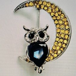 Crystal Owl On Moon Brooch