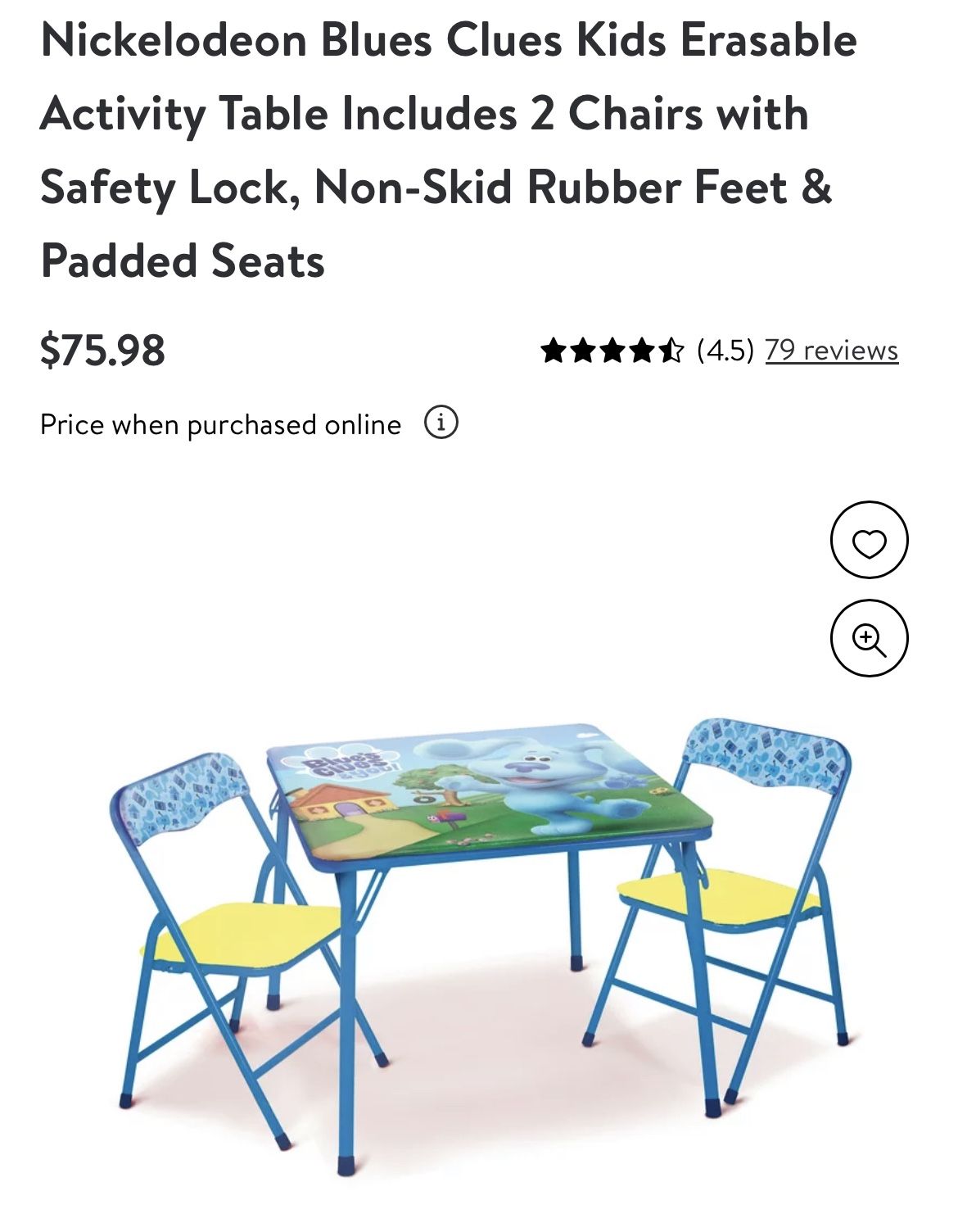 Nickelodeon Blues Clues Kids Erasable Activity Table Includes 2 Chairs with Safety Lock, Non-Skid Rubber Feet And Padded Seats