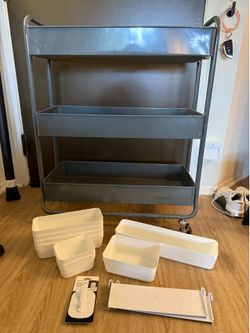 Container store Gray 3-Tier Rolling Utility Cart with Organizers & Hooks