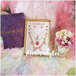 Bebe 4 pcs Necklace & Earrings Gift Set - Gold Red Heart Crystal New