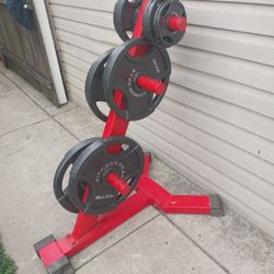 OLYMPIC WEIGHTS SET /7FT BAR /CLIPS /4FT  TREE STAND 