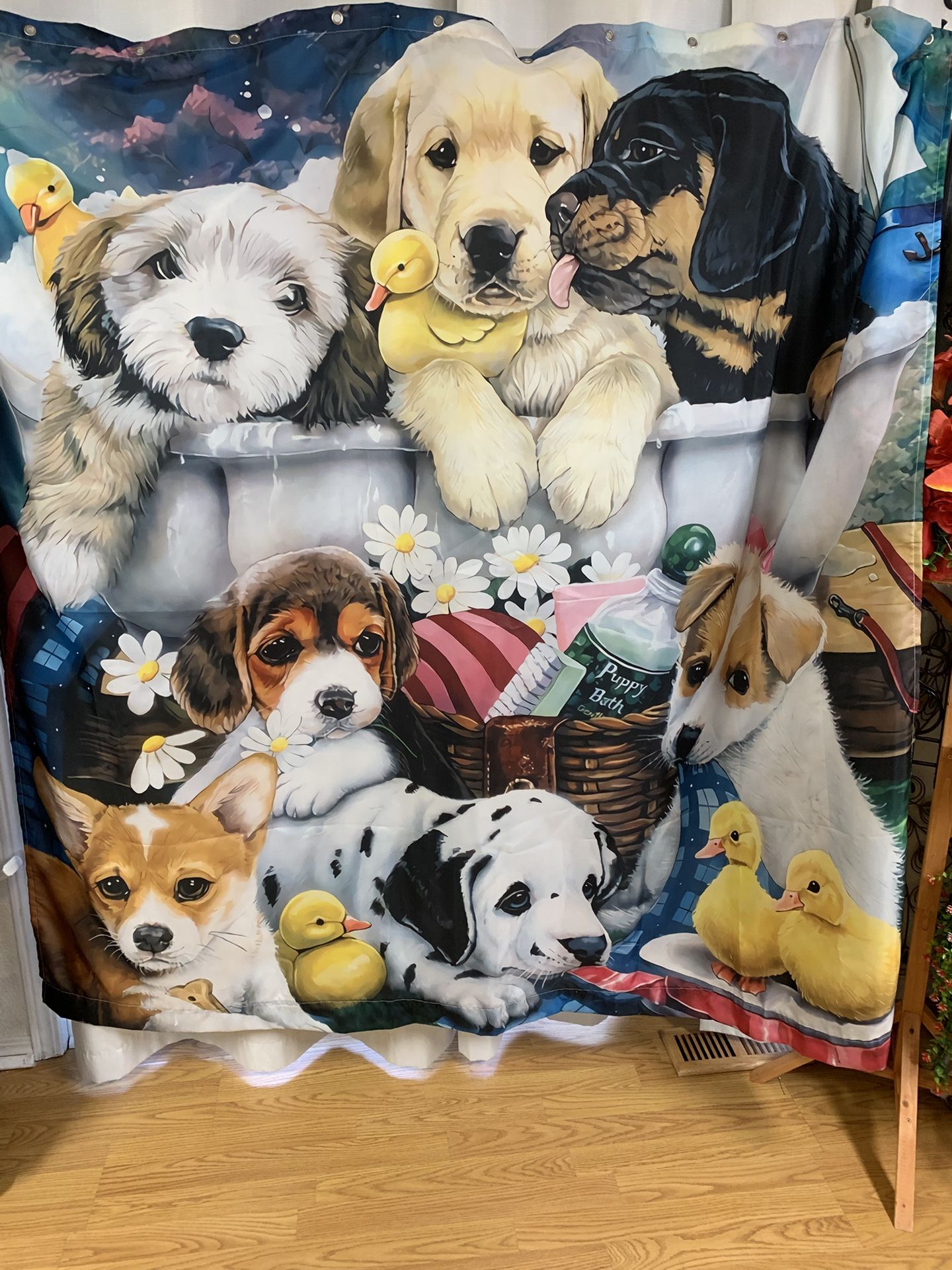 New Adorable Puppy Themed Shower Curtain
