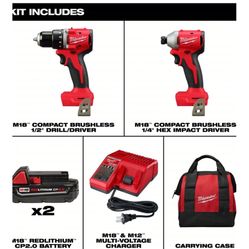 Combo Kit: 18 V Volt, 2 Tools, 1/2 in Drill (Gen Purpose, 1700 RPM), Contractor Bag, M18(TM