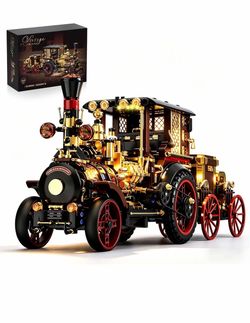 chanbrick Juego de construcción de autos mecánicos retro para adultos, kit de motor de locomotora steampunk vintage, modelo coleccionable con luz para