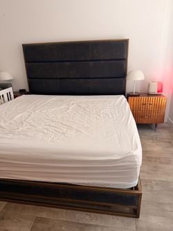 Crate & Barrel Garner Gunmetal Leather Bed 84 x 79 oversized queen king cal bed