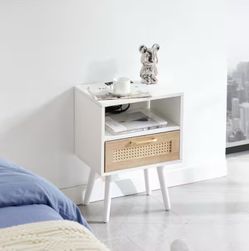 Set of 2 Rattan Nightstand, Accent Side Table with Storage, Farmhouse Small Side Table with Drawer, White with Legs