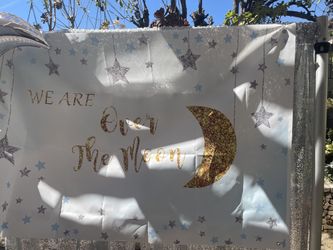 “We Are Over The Moon” baby Shower Backdrop Sign