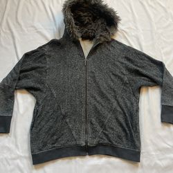 Women DKNY Jeans Jacket Outerwear Long Sleeve Sweatshirt Fur Hood Grey Medium M