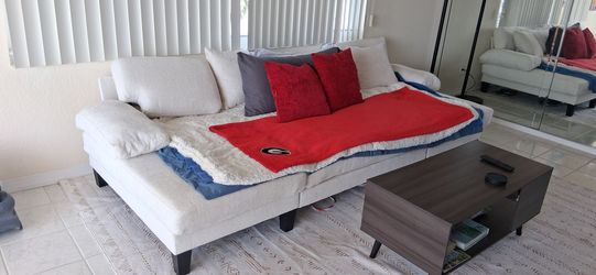 Like New Sleeper Sofa with Pull Out Couch Bed | 112 Inch Couches for Living Room | U-Shaped Convertible Sofa Bed | Chenille Warm White