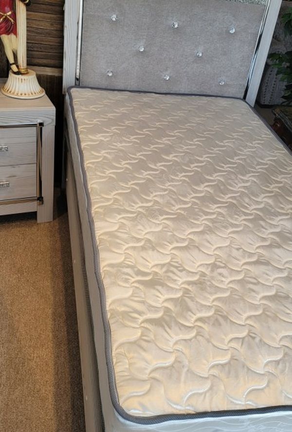 Grey Silver Twin Bed + Nightstand