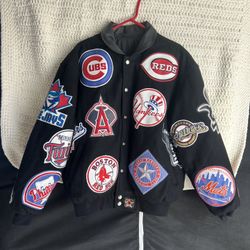 Vintage 90s JH Design MLB Patch Wool Blend Reversible Baseball Jacket Size Medium 
