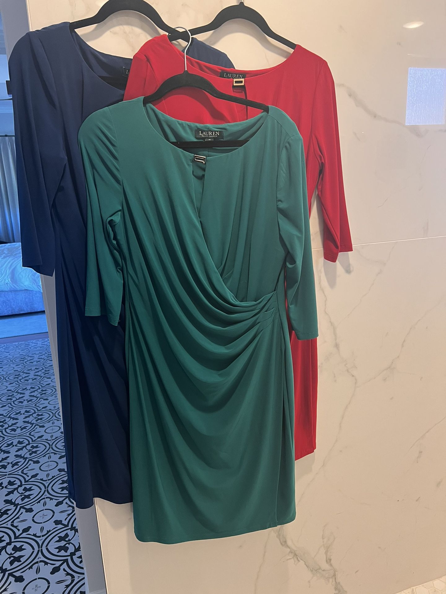3 Lauren Ralph Lauren 3/4 Sleeve Jersey Rushed Midi Dress Like New 