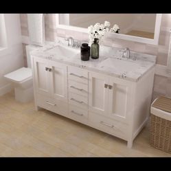 60” White Double Bathroom Vanity w Cultured Marble Countertop & Square Sinks