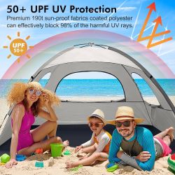 WhiteFang Beach Tent Anti-UV Portable Sun Shade Shelter for 3/4/6/8 Person, Extendable Floor with 3 Ventilating Mesh Windows Plus Carrying Bag, Stakes