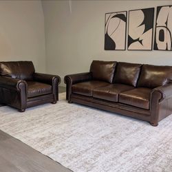 Espresso Brown Leather Sofa & Chair - Like New - Free Delivery