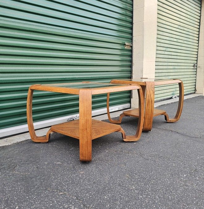 Vintage 1970s Glass & Oak Bentwood Side Tables End Tables Postmodern Retro Mid Century