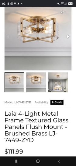 4-Light Metal Frame Textured Glass Panels Flush Mount - Brushed Brass