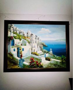 Framed Mediterranean Coastal Painting 54" × 42"