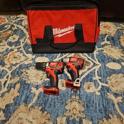 Milwaukee M18 Compact 1/2 Drill/Driver, M18 1/4 Hex Impact Driver, and Small Contractor Bag