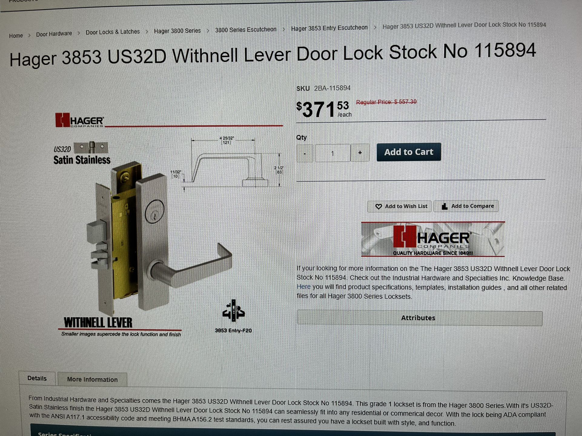 Hager Satin Stainless Door Lockset