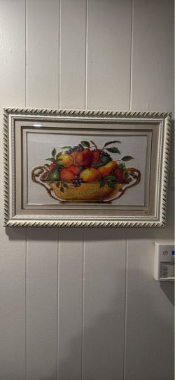 Framed Fruit Bowl Cross Stitch Needlepoint Art