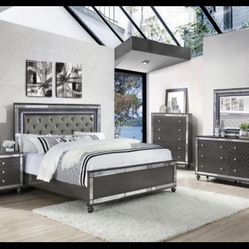 Brand New Refino Grey Elegant LED Queen Size Bedroom Set 