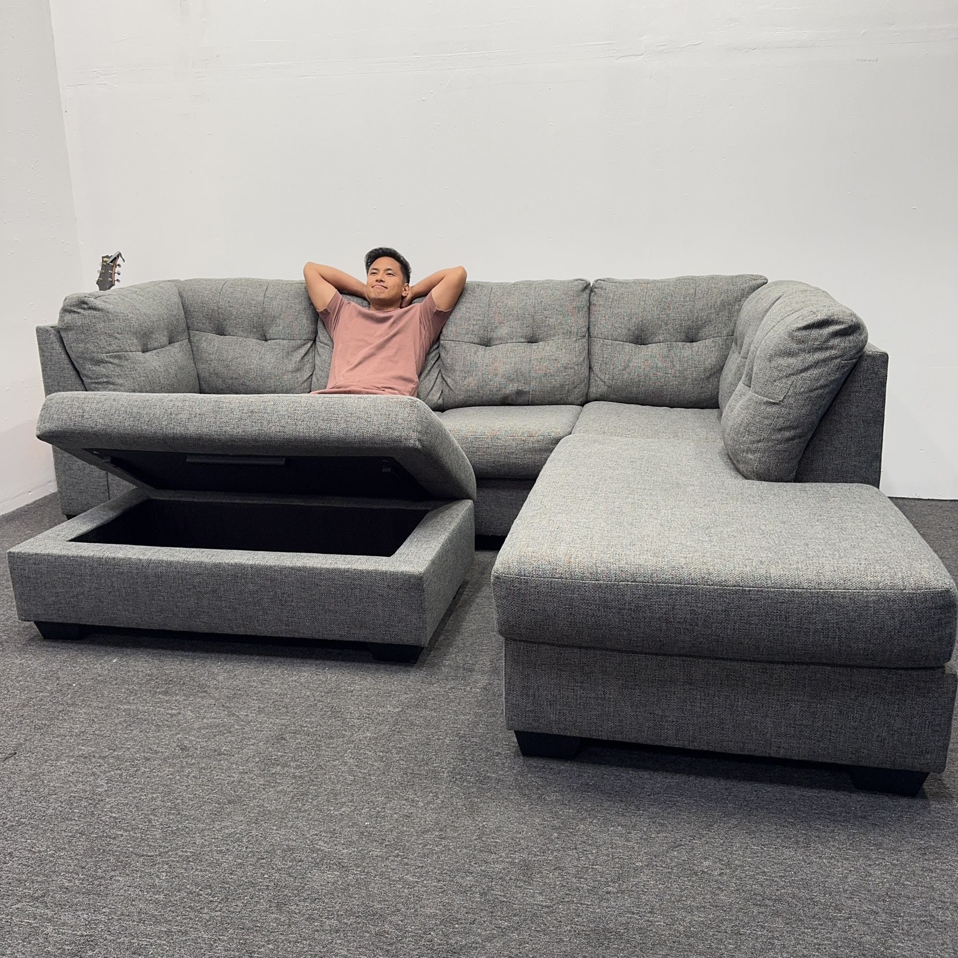 Gray Sectional Couch with Long Ottoman Storage - Good as New - Can Deliver