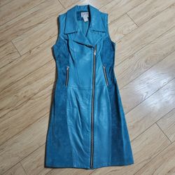 RARE! SUPER CUTE! Firenze Santa Barbara Vintage Leather Dress Sleeveless Teal w Pockets *FLAWS