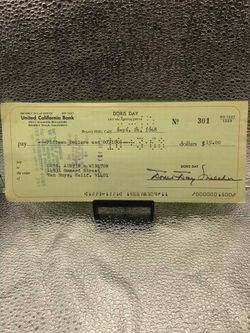 Doris Day Autograph Signed Authentic Bank Check Actress Singer