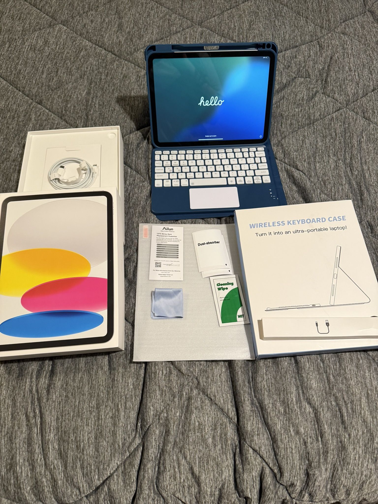 Apple iPad 10.9” (256GB, Wi-Fi, Silver) + Wireless Keyboard Case + Extra Screen Protector – $379 OBO
