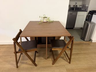 Drop-Leaf Dining Table + 2 Padded Folding Chairs, Walnut