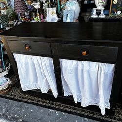 Vintage rustic cottage painted black buffet cabinet, eyelet skirt drawer front