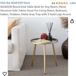 AOJEZOR Round End Table Metal Side Tables - Matte Gray Tray with 3 Gold Legs Accent NEW 